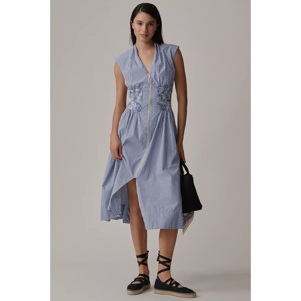 Anthropologie Pale Blue Striped Zip-Front Midi Dress